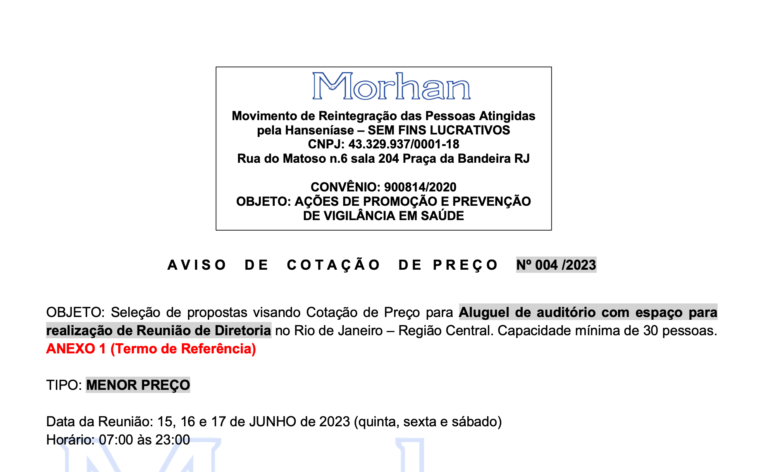 EDITAL n. 004 – Cotação de Preco Eletronica ate 10/04/23 – Ref.: Aluguel de auditorio com espaco para realizacao de Reuniao de Diretoria