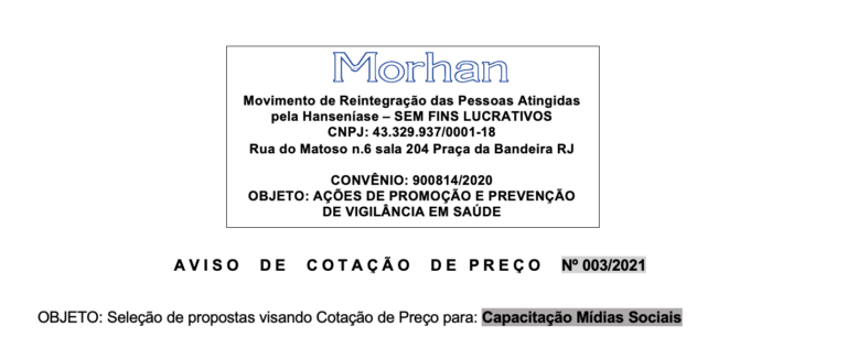 EDITAL n. 003 – Ref.: Contratação para Capacitação de Mídias Sociais (ate 28/05/21)